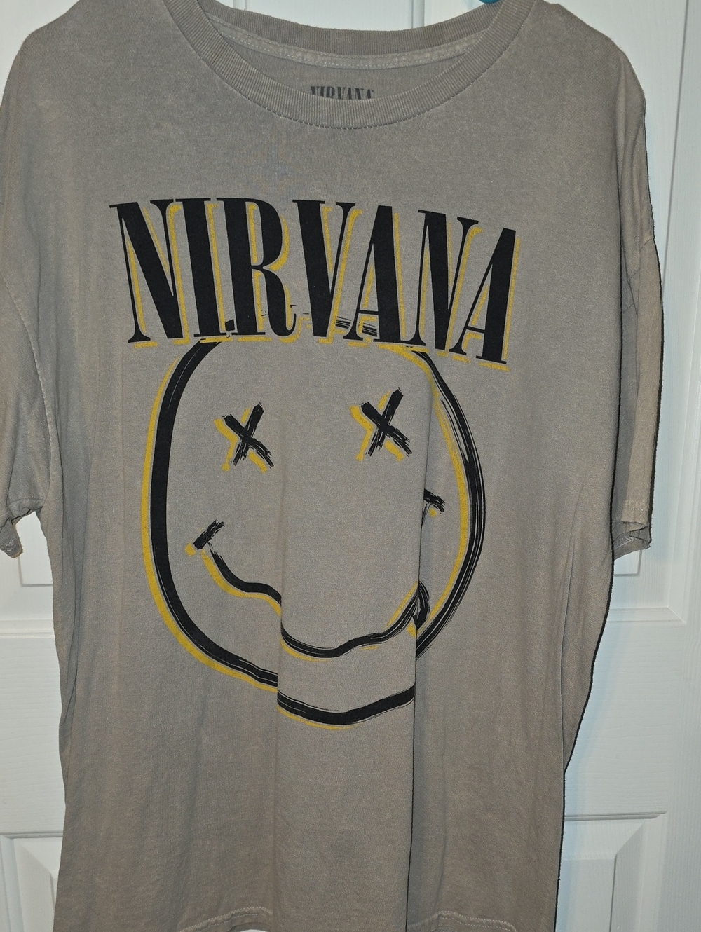 NIRVANA Gray Tee with Black and Yellow Smiley Graphic